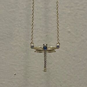 Gold Dragonfly Necklace with Blue and White Sapphire.